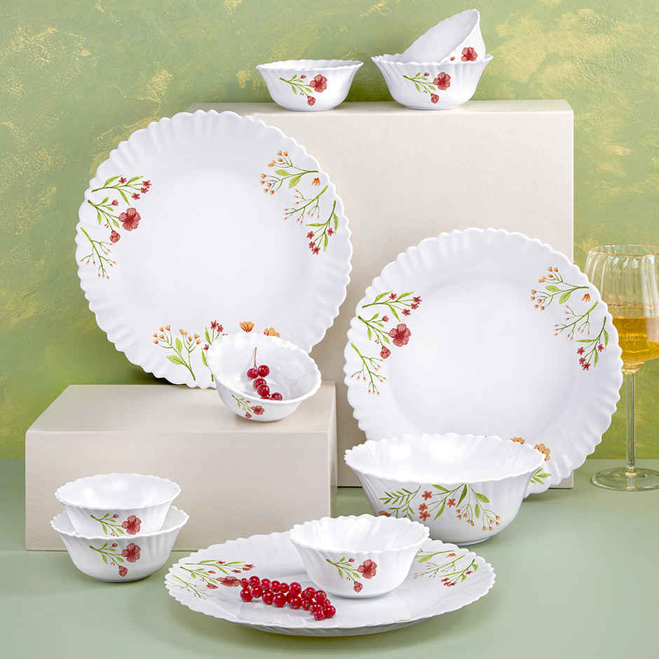 Larah by Borosil Coral Dinner Set | Opalware Crockery for Dining & Gifting | White