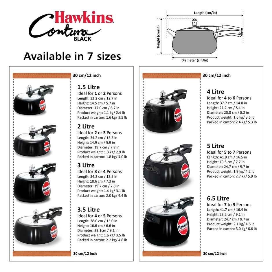 Hawkins 2 Litre Contura Black Pressure Cooker Hard Anodised Inner Lid Cooker Small - Black