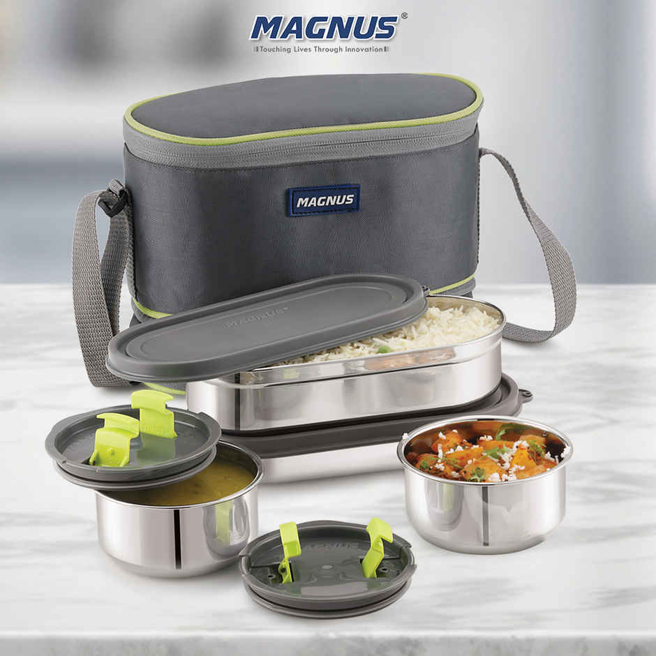 Magnus Olive 4 Lunchbox With Leak-Proof Steel Containers for School with Insulated Bag | 1730 ml