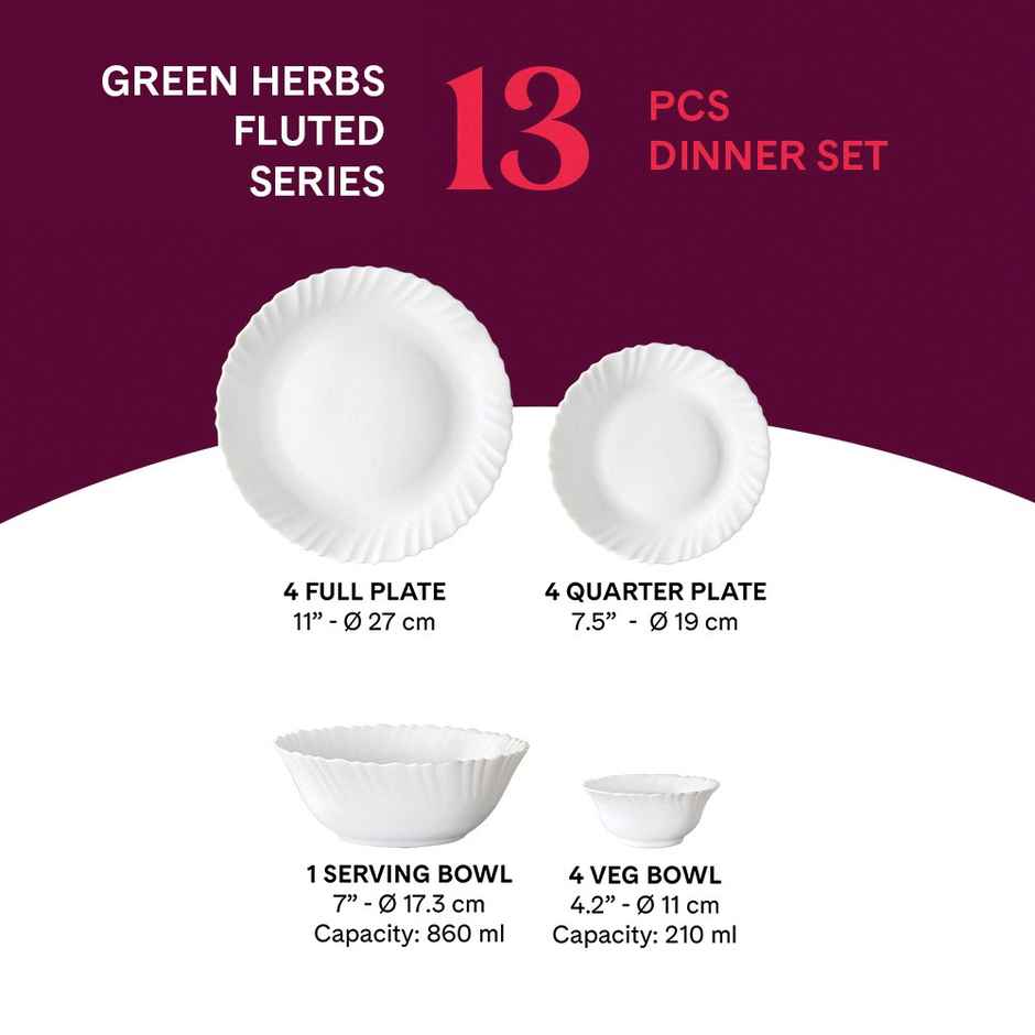 Larah By Borosil Green Herbs 13Pc Dinner Set Opalware Crockery For Dining & Gifting - White