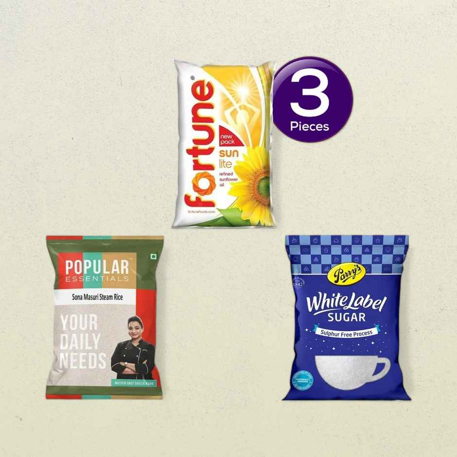 Fortune Sunlite Refined Sunflower Oil (Pouch)(1 l), Popular Essentials Sona Masoori Steam Rice(5 kg) & Parrys White Label Sugar(1 kg) Combo