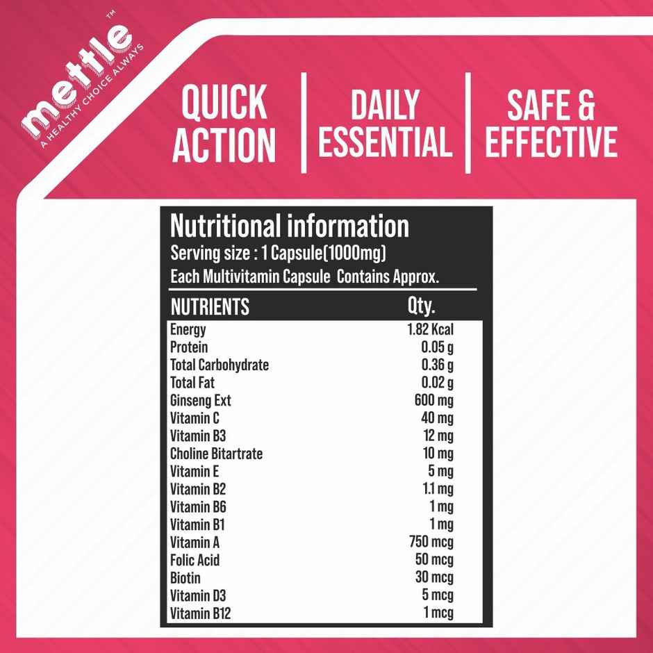 Getmymettle Multivitamin For Women And Men, With Ginseng, 12 Vitamins, Stamina & Immunity