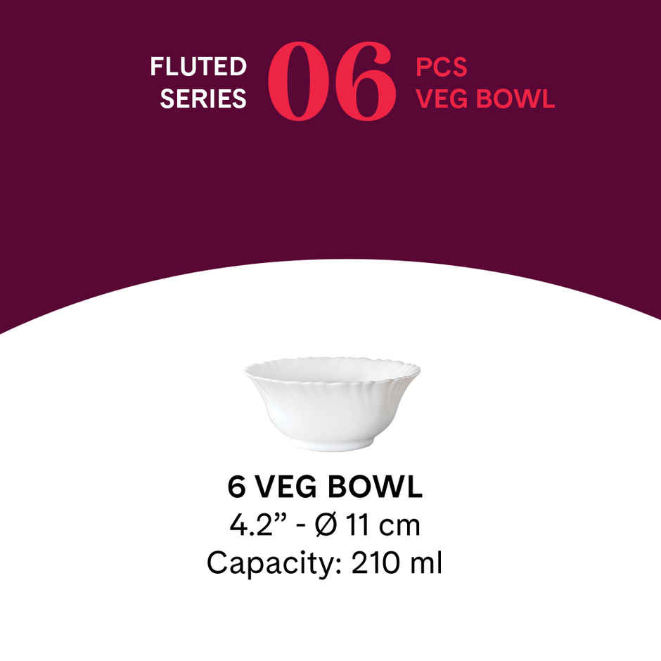 Larah By Borosil Opalware 4.2" Inch (210Ml) 6 Pc Veg Bowl Set, Crockery Set For Daily Use & Gifting