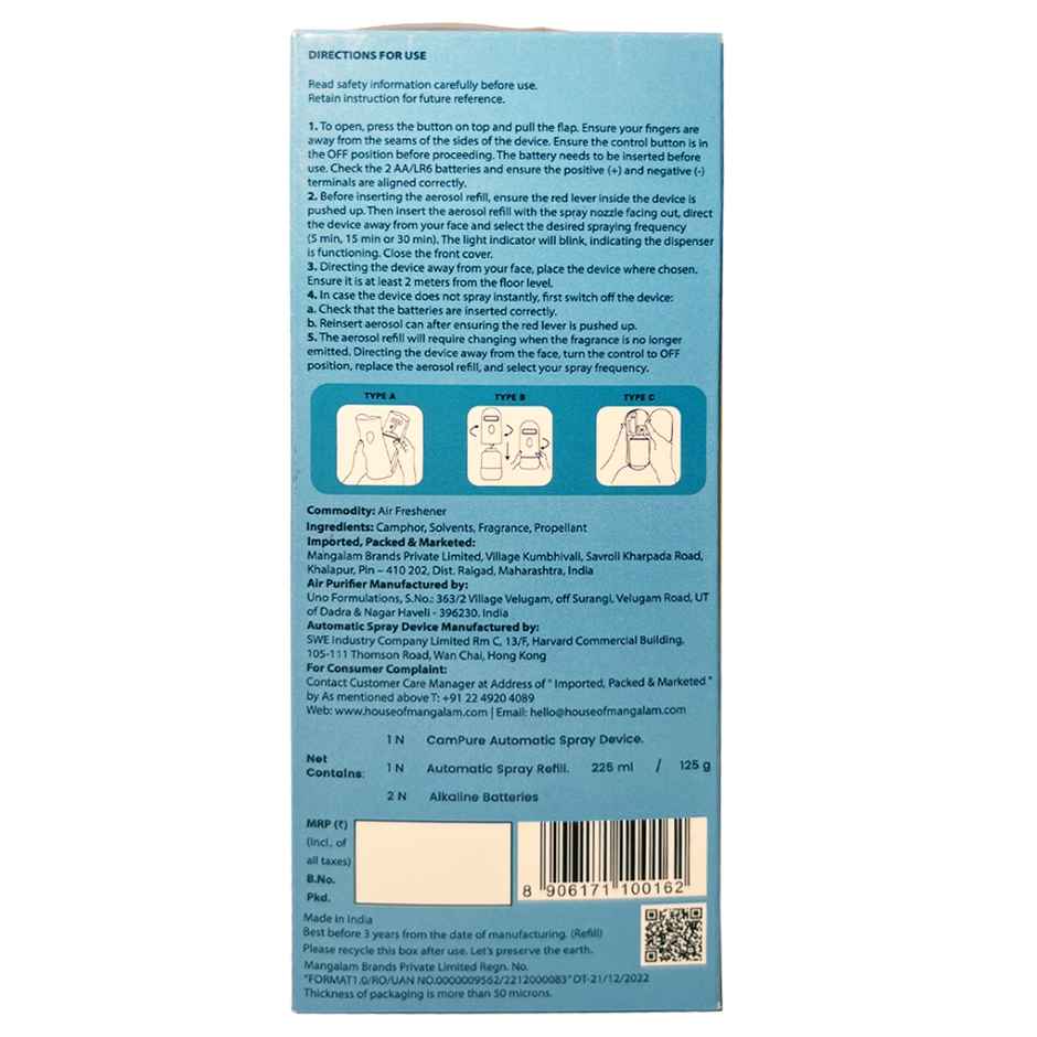 Campure Camphor /Kapur Air Freshner Automatic Spray | Machine + Orginal Refill