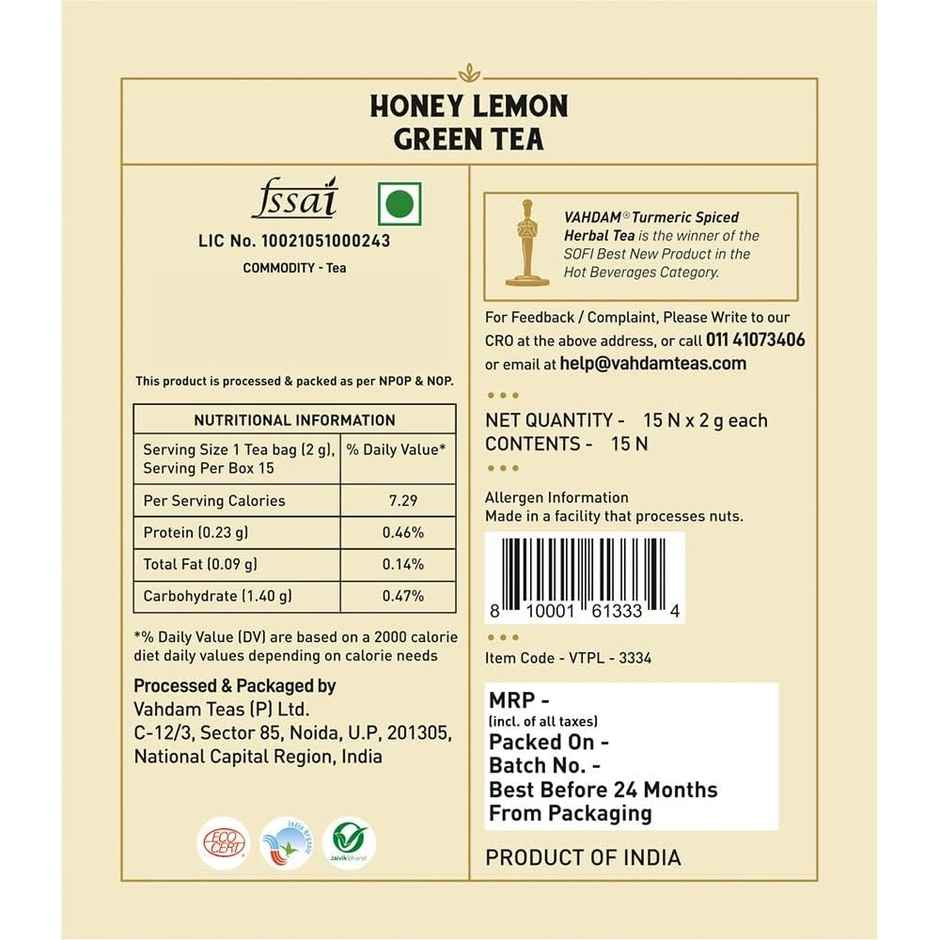 Vahdam Honey and Lemon Green Tea
