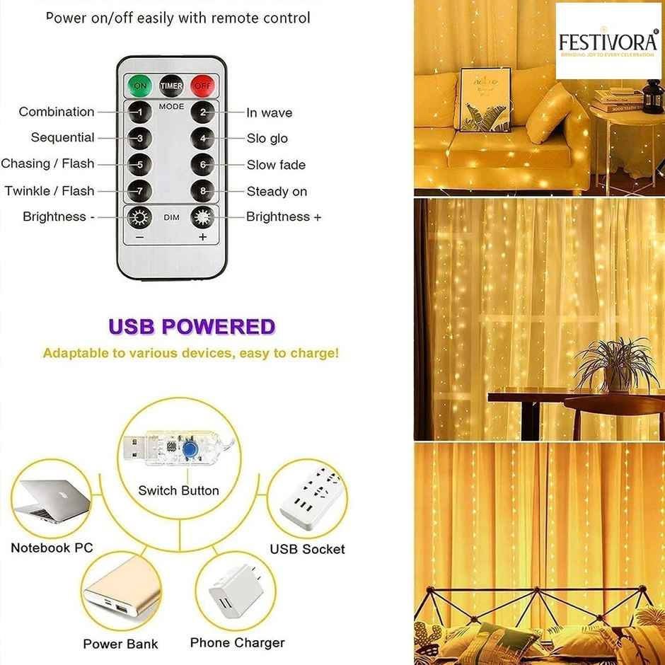 Festivora 240 LEDs Warm White Curtain String Lights - 3x3 Ft, USB Operated Lights for decoration