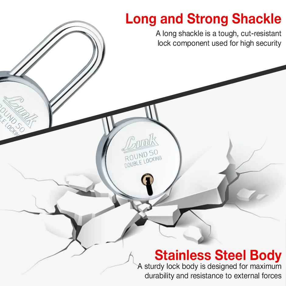 Link New Round Stainless steel 50 mm Long shackle Padlock with 3 keys