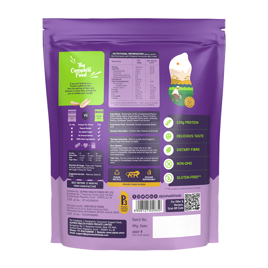 Alpino 22g High Protein Super Oats Chocolate with Almonds & Raisins | No Added Sugar & Salt