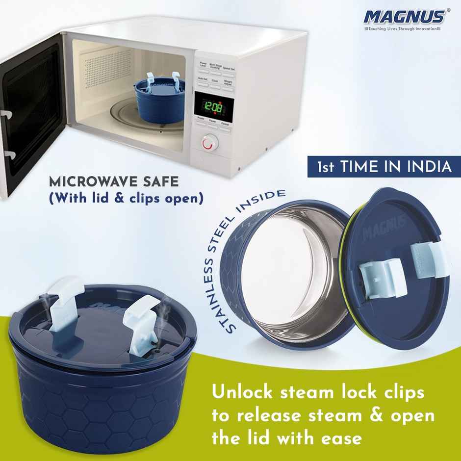 Magnus Olive 3 Prime Microwave Safe Lunch Box Set | Stainless Steel Steam lock Containers & Pouch