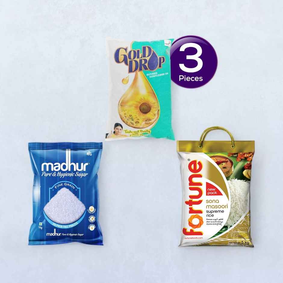 Fortune Sunlite Refined Sunflower Oil (Pouch)(1 l), Madhur Sugar/Sakkare - Refined(1 kg) & Fortune Sona Masoori Supreme Rice(5 kg) Combo