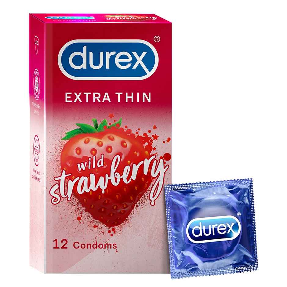Durex Extra Thin Wild Strawberry Flavoured Condoms (12pc) & Durex Lube - Strawberry - Flavoured Lubricant (50ml) Combo