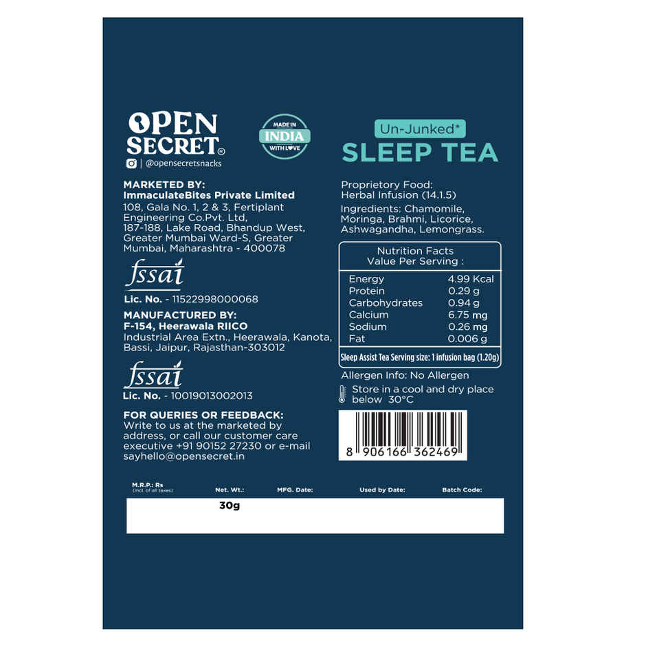 Open Secret Herbal Sleep Tea 25 bags - Chamomile Ashwagandha Moringa for Stress Relief weight loss