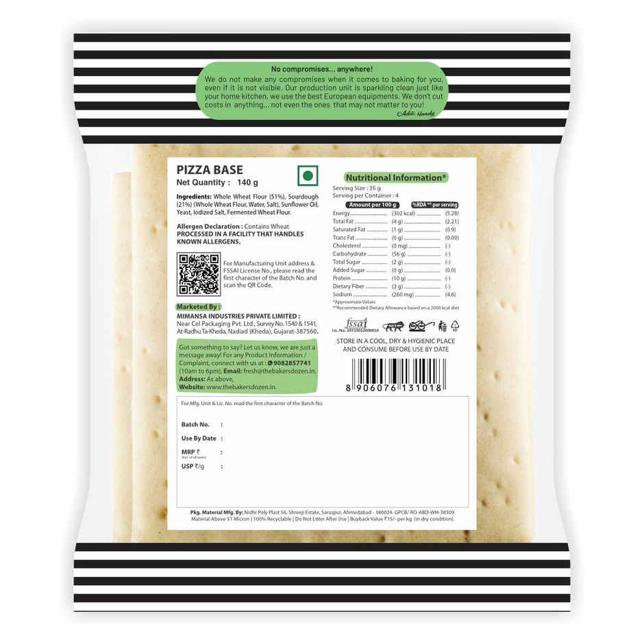 The Baker's Dozen Zero Maida Pizza Base | Made with Gut Friendly Sourdough Bread | Wholewheat