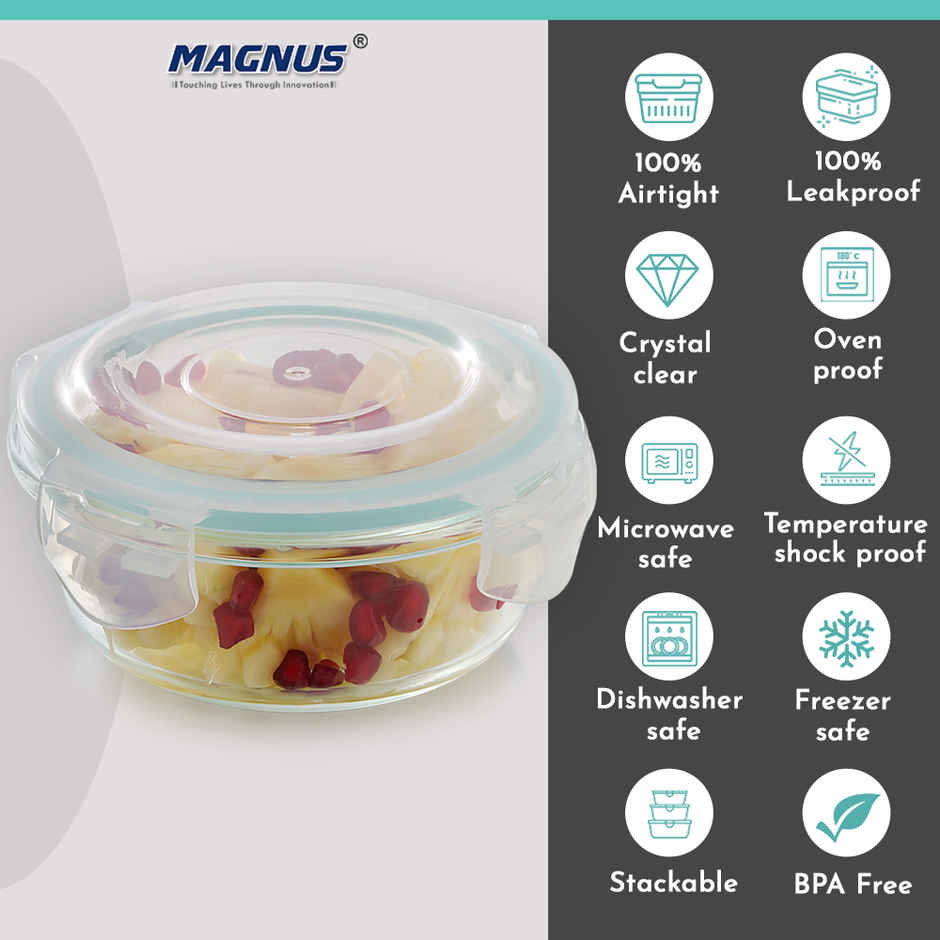 Magnus Vivid 400 ml Round Container with Airtight Lid & Fixed Lock, Borosilicate Glass