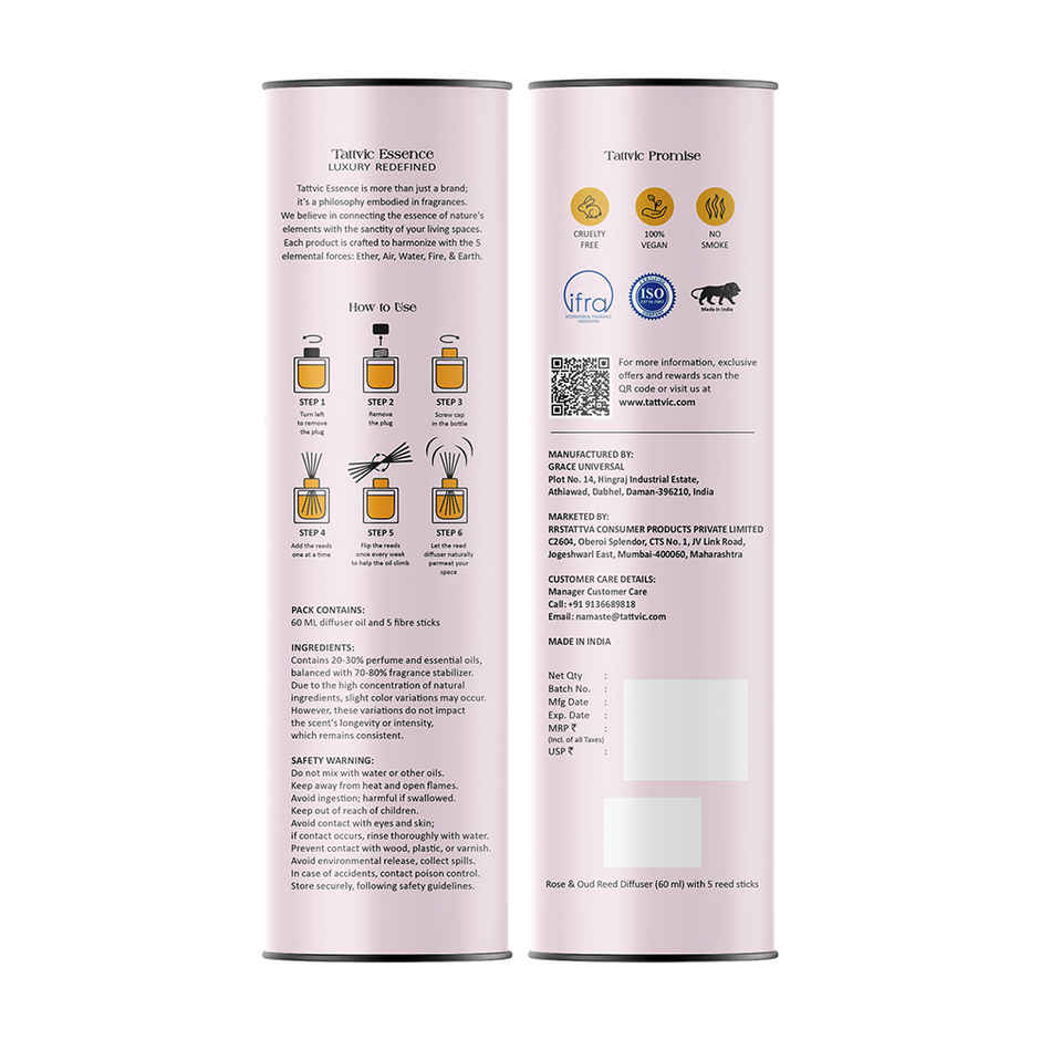 Tattvic Essence Luxury Reed Diffuser Set | Rose & Oud - 60 ml