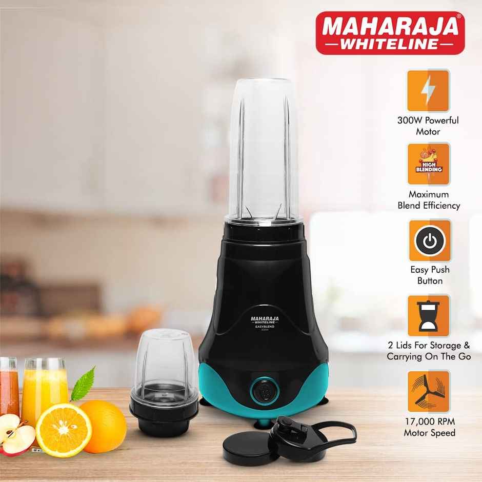 Maharaja Whiteline Plastic Easyblend Mx - 257 Mixer Grinder | 300 W | 2 Jars - Black-Turquoise Blue