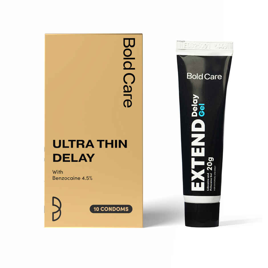 Bold Care Ultra Thin Delay Condoms With Benzocaine 4.5% (10pc) & Bold Care Extend Gel - Prilocaine & Lidocaine Gel For Longer Sex (20g) Combo