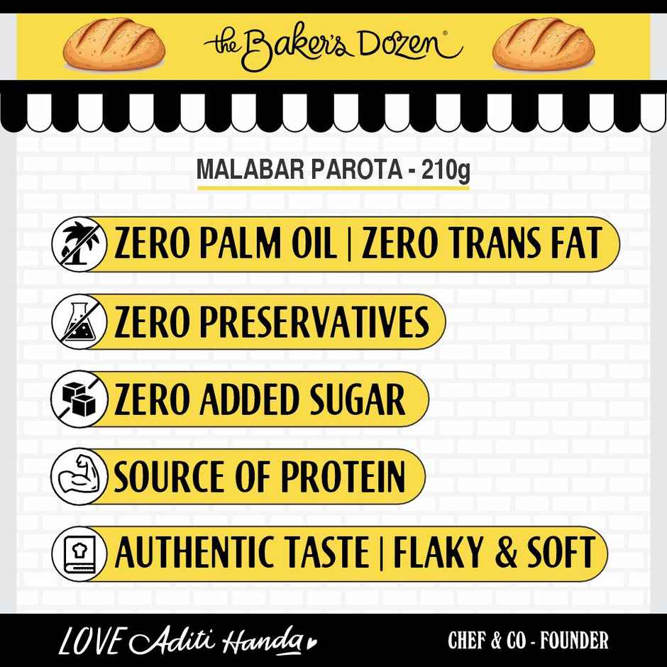 The Baker'S Dozen Zero Palm Oil Malabar Parota | Wheat Paratha | Ready To Eat | Ready To Cook (210g) & The Baker'S Dozen Zero Maida Butter Garlic Toast Baked Snack No Palm Oil No Preservatives 100% Wholewheat (90g) Combo 