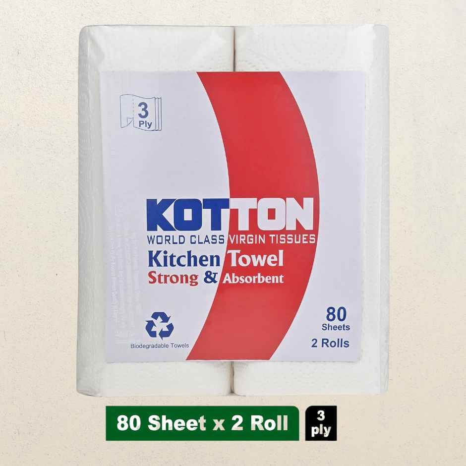 Kotton 3 Ply Kitchen Towel Paper Roll/100% Virgin Pulp/Paper- Pack Of 2 Rolls - 80 Pulls Per Roll