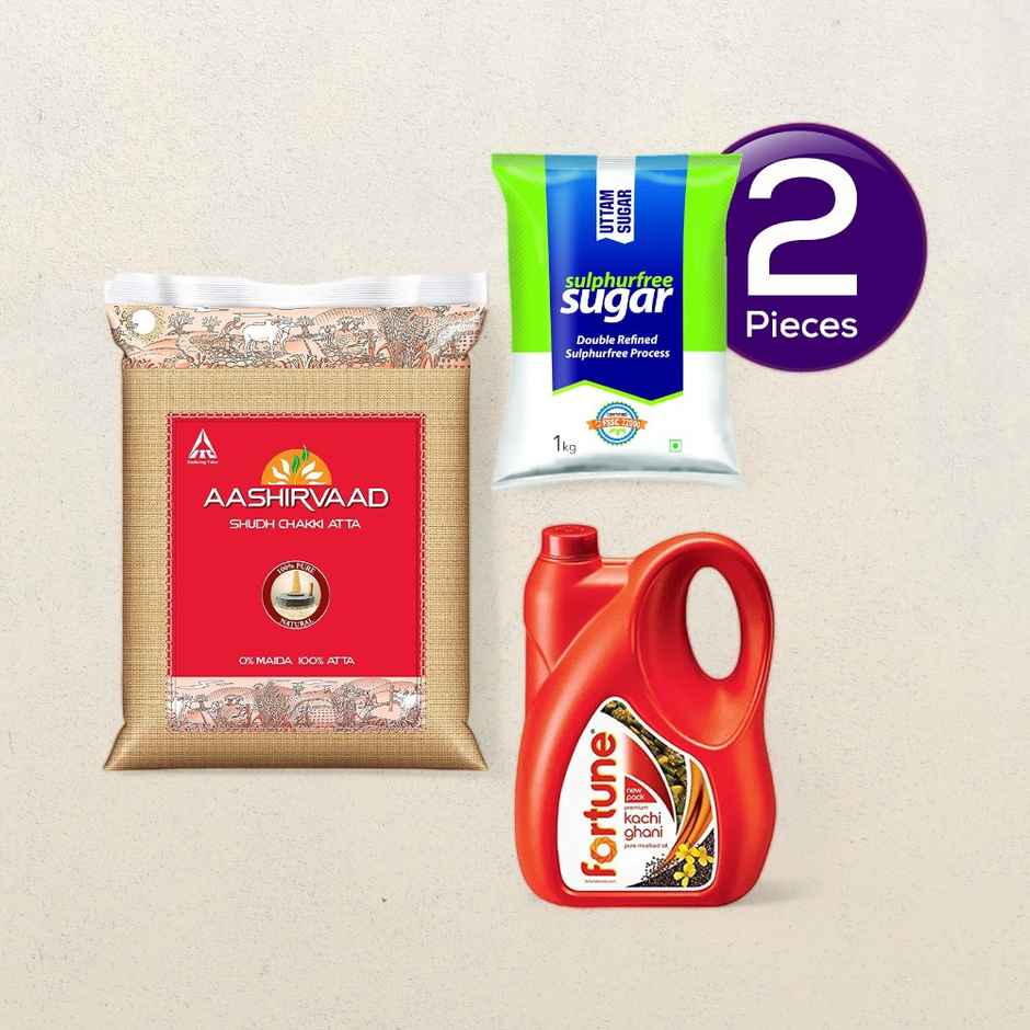 Aashirvaad Atta - Whole Wheat(10kg), Fortune Kachi Ghani Pure Mustard Oil(5l) & Uttam SULPHURLESS SUGAR(1kg) Combo