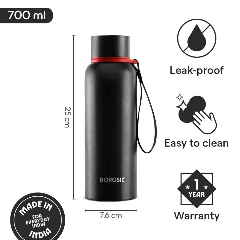 Borosil Hydra Trek Water Bottle | Stainless Steel Double Wall Vacuum Flask | Black | 700 ml