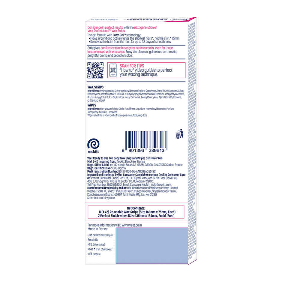 Veet Professional Waxing Strips Kit For Sensitive Skin | 8 Strips