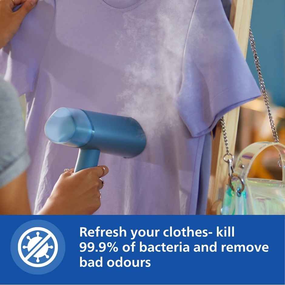 Philips STH3000/20 Handheld Garment Steamer, 1000 Watt, Compact & Foldable, Convenient Vertical Steaming, Kills 99.9% Bacteria - Reno Blue