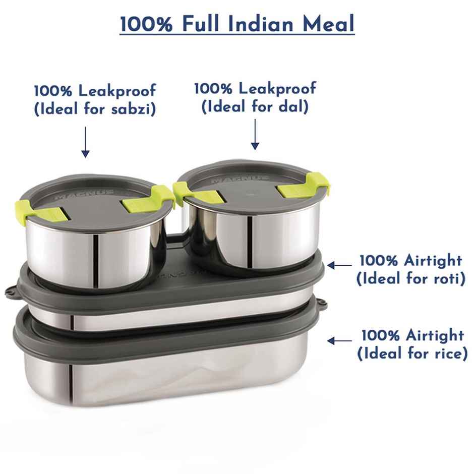 Magnus Olive 4 Lunchbox With Leak-Proof Steel Containers for School with Insulated Bag | 1730 ml