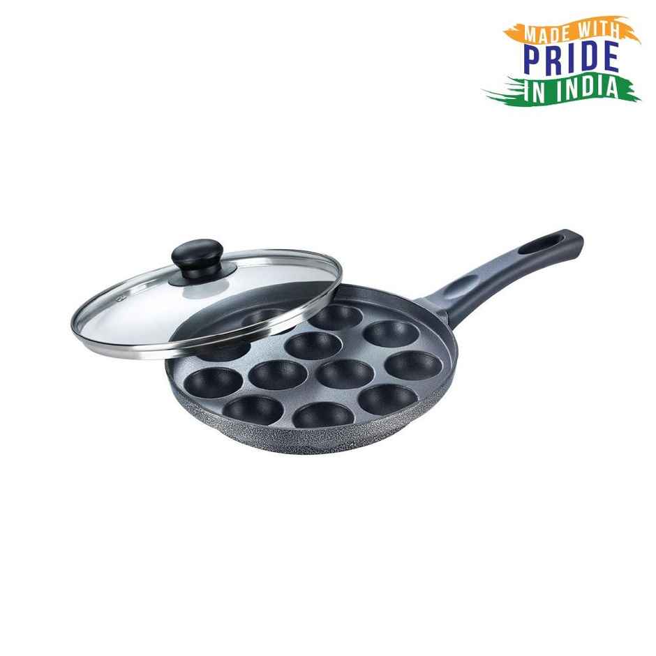 Prestige Omega Select+ 12Pits Aluminium Non-Stick Paniyarakkal With Glass Lid 24cm,1Y Warranty,Black