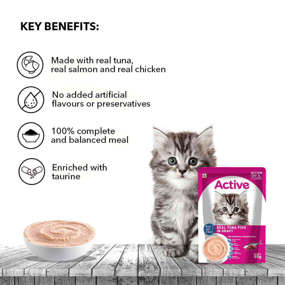 Active Kitten Wet Food, Real Tuna in Gravy, 8 Pouches (Buy 1 Get 1 Free)