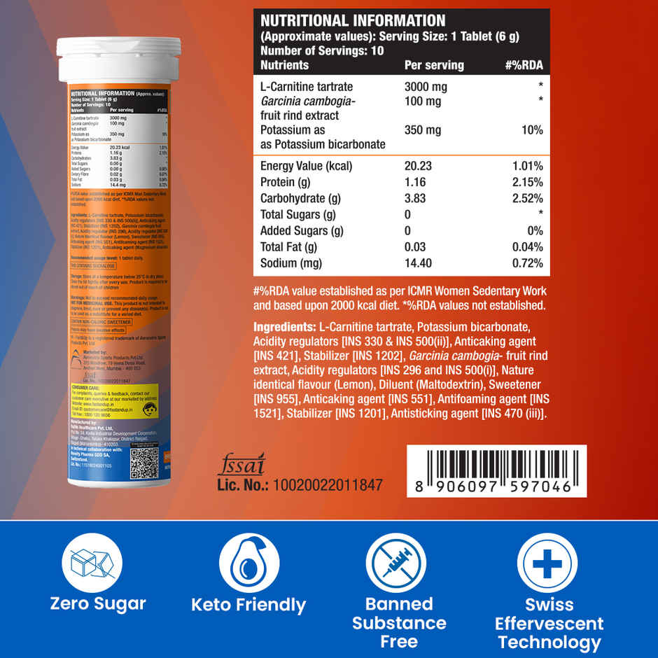 Fast&Up 3X Fat Burner L-Carnitine 3000Mg | Garcinia | Potassium, Sourced From Carnipure | Lemon