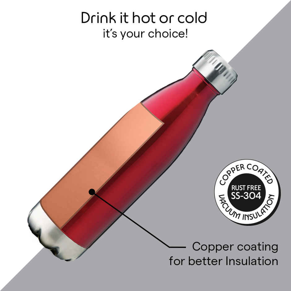 Borosil Bolt Double Wall Vacuum Insulated Stainless Steel Water Bottle | Trans Red | 500 ml