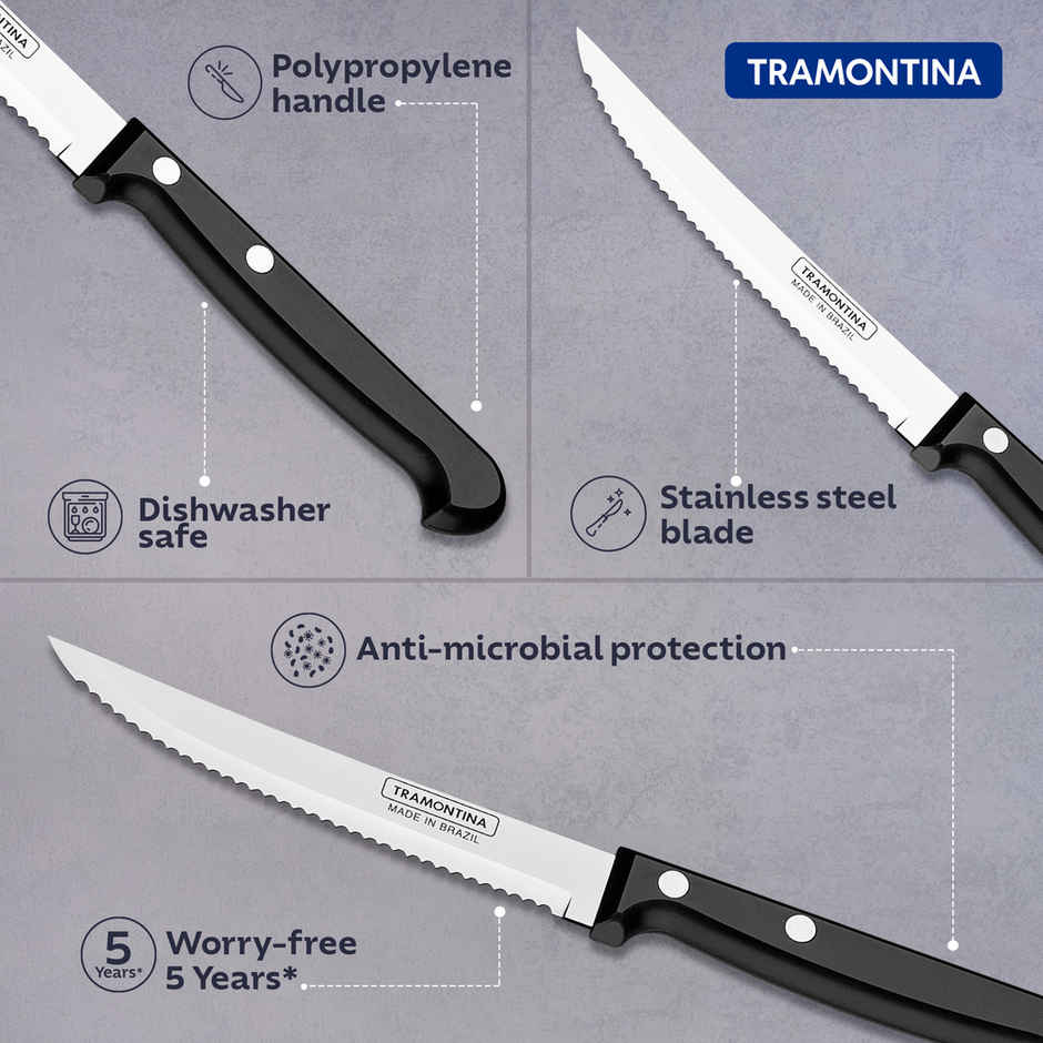 Tramontina Ultracorte Stainless Steel Fruit Knife/,12cm/4.7 inch | Black | Wavy/Serrated Edge | Antimicrobial |Polypropylene Handle |Dishwasher Safe | 5 Year Warranty | Made in Brazil
