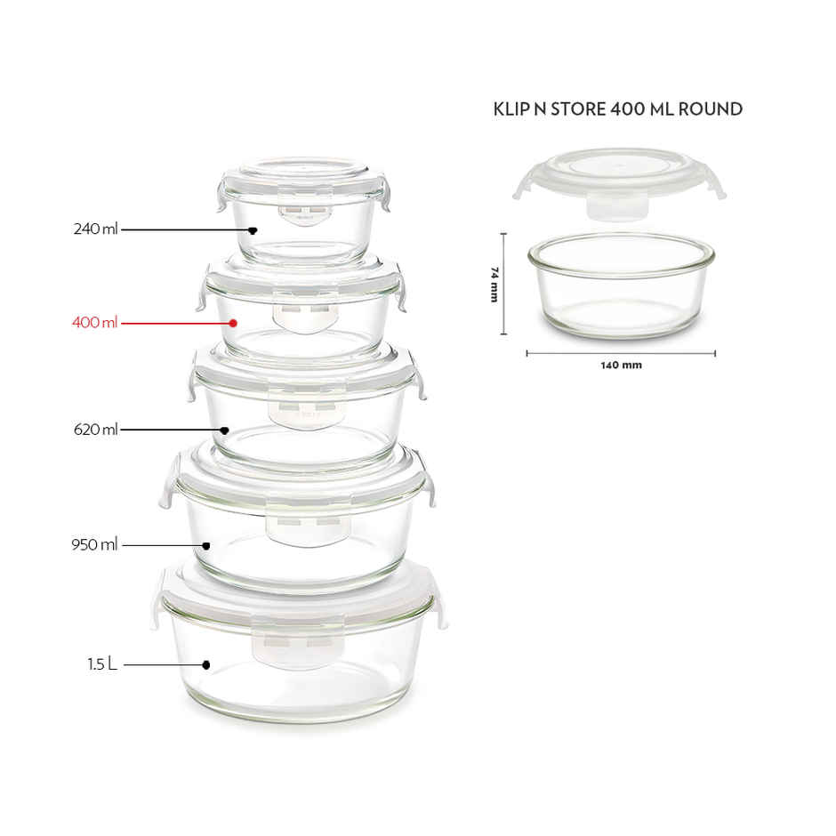Borosil Klip N Store Storage Container With Airtight Lid (400 ml) | Borosilicate Glass