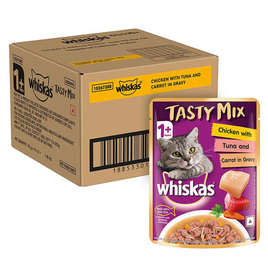 Whiskas Tasty Mix Adult Wet Cat Food, Chicken with Tuna & Carrot in Gravy