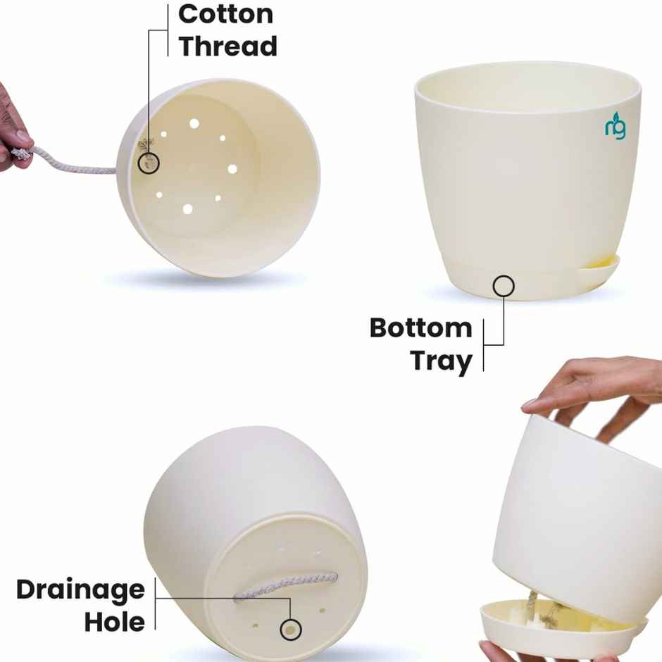 Nurturing Green - Self Watering Pots | Set of 5 | Ivory | Size: 14cm x 12.5cm | Pots for Plant