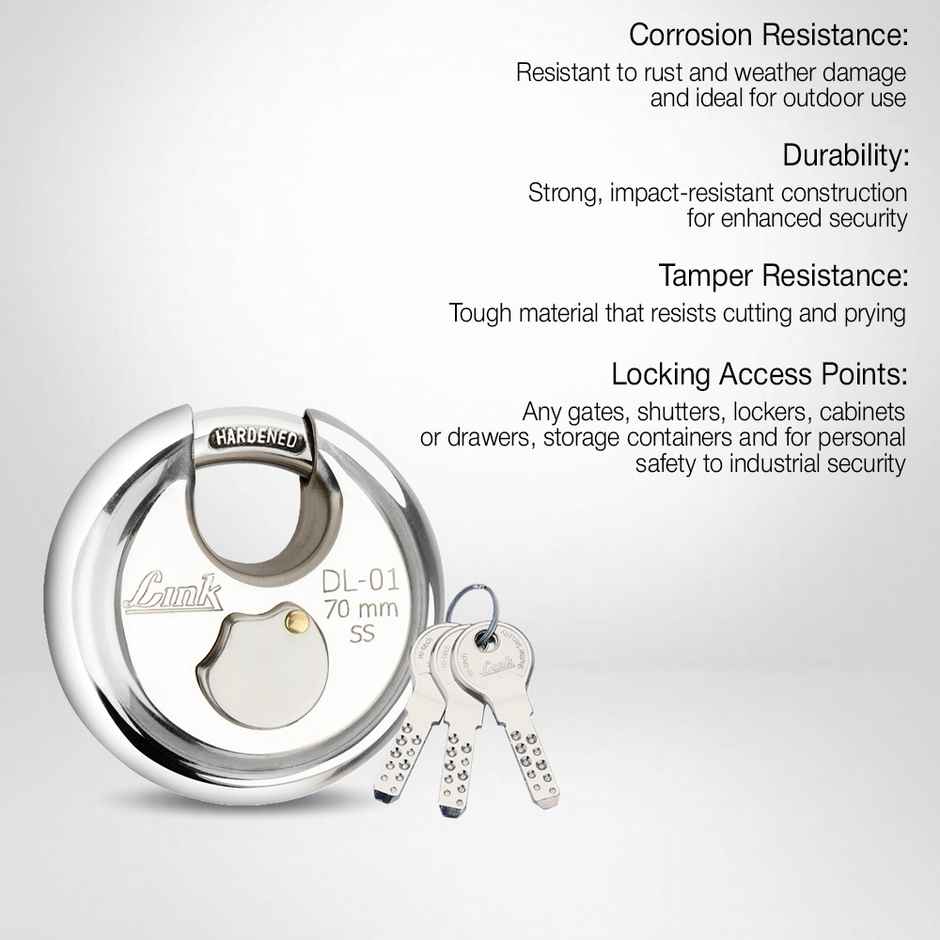 Link Stainless Steel Disc Lock DL-01 70mm with Hardened Shackle & 3 Nickel Silver Keys