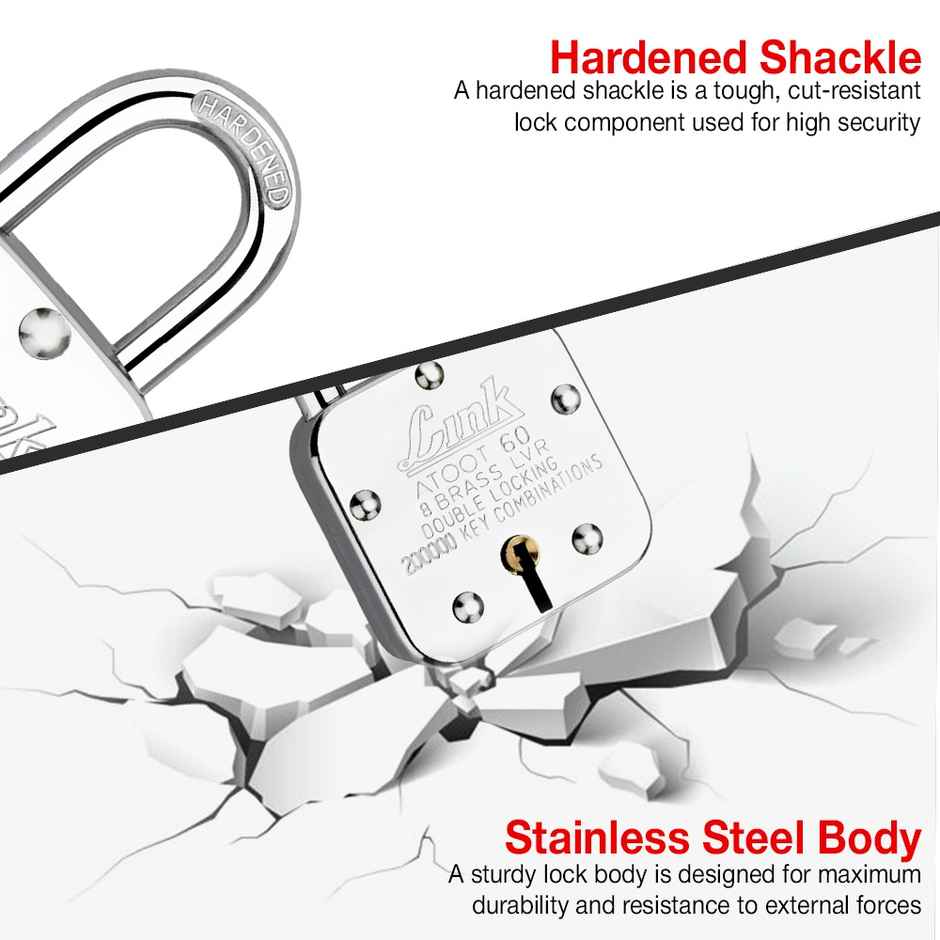 Link Stainless steel Brass Levers With Hardened Shackle Atoot 60 mm padlock with 3 Keys
