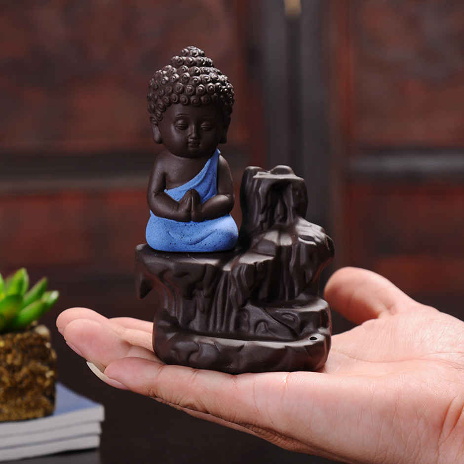 eCraftIndia Meditating Monk Buddha Statue Smoke Backflow Cone Incense Holder Decorative