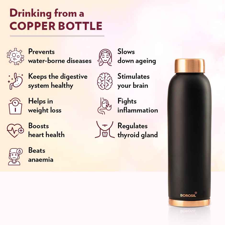 Borosil 100% Pure Copper Bottle for Home, BPA Free | 1 L