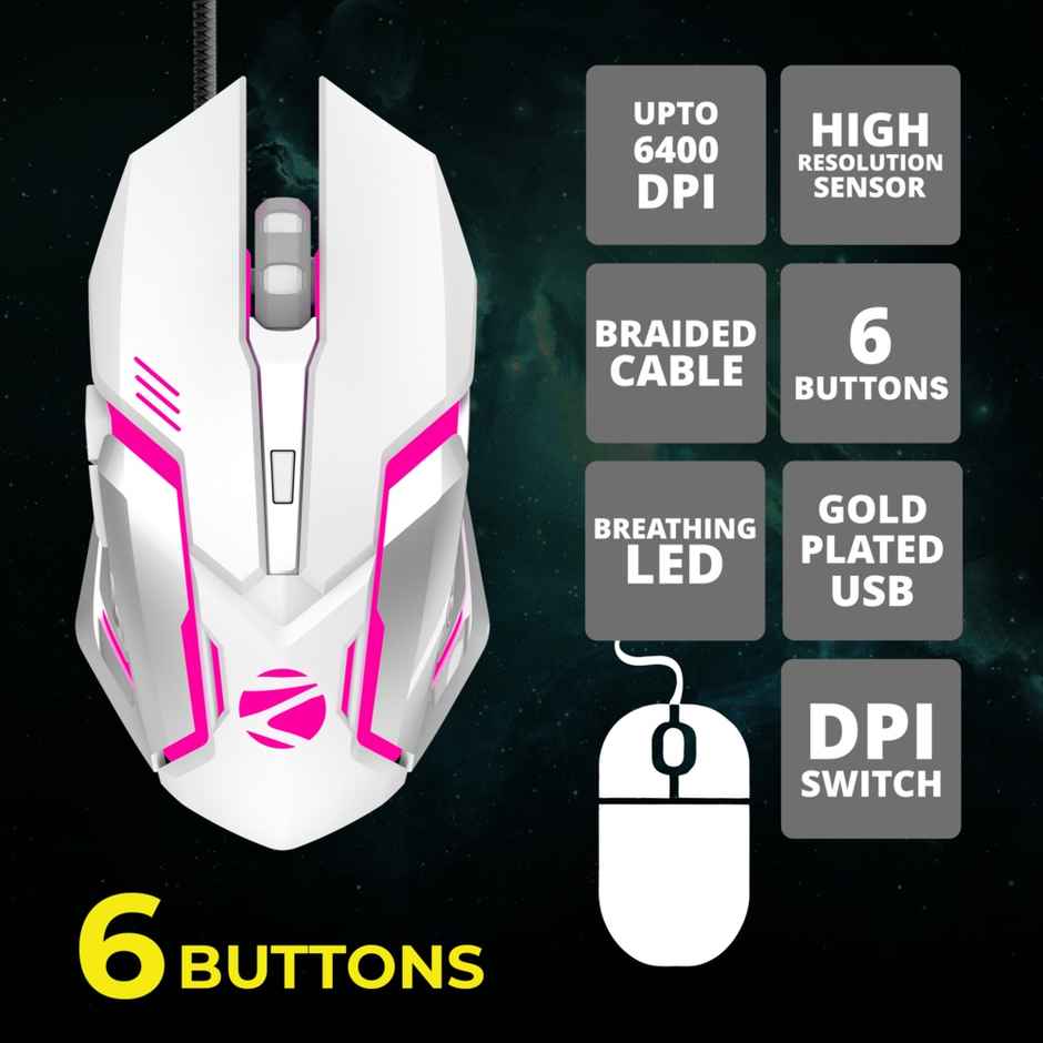 ZEBRONICS Transformer USB Gaming Keyboard & Mouse Combo,Braided Cable,Durable Al Body,Multimedia Keys & Gaming Mouse with 6 Buttons,Multi-Color LED Lights,High-Resolution Sensor with 3200 DPI - White
