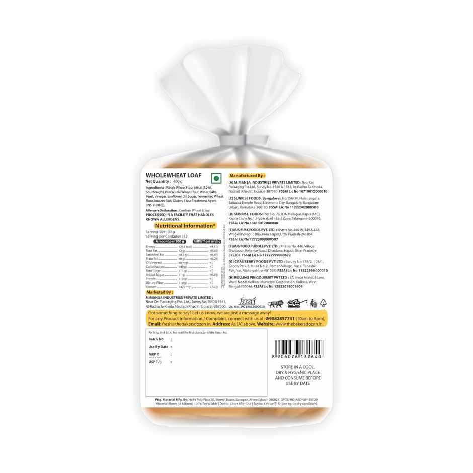 The Baker's Dozen Zero Maida Whole Wheat Bread | Atta Bread (Not Brown) | Sandwich Bread | Gourmet