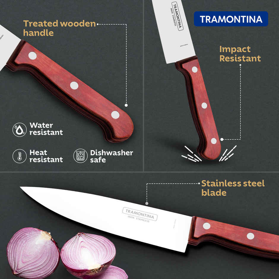 Tramontina Polywood Stainless Steel Chef Knife/,15.2cm/6 inch | Straight/Plain Edge Knife | Treated Brazilian Polywood Handle | Impact Resistant | Heat Resistant |Dishwasher Safe | 5 Year Warranty