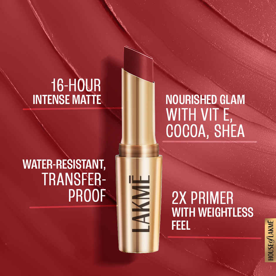 Lakme 9to5 Powerplay Priming Matte Lipstick, Lasts 16hrs, Cherry Chic