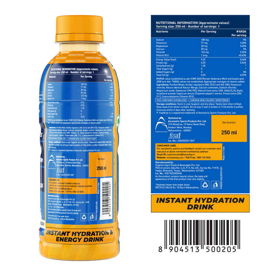 Fast&Up Reload Mango Zero Sugar Energy Drink | Instant Electrolytes | Healthy & Refreshing Drink