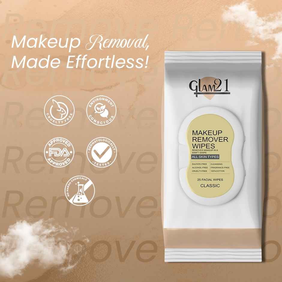 Glam21 Makeup Remover Wipes| Fragrance Free Pre-moisturized 100% Cotton Fabric for Face Cleansing