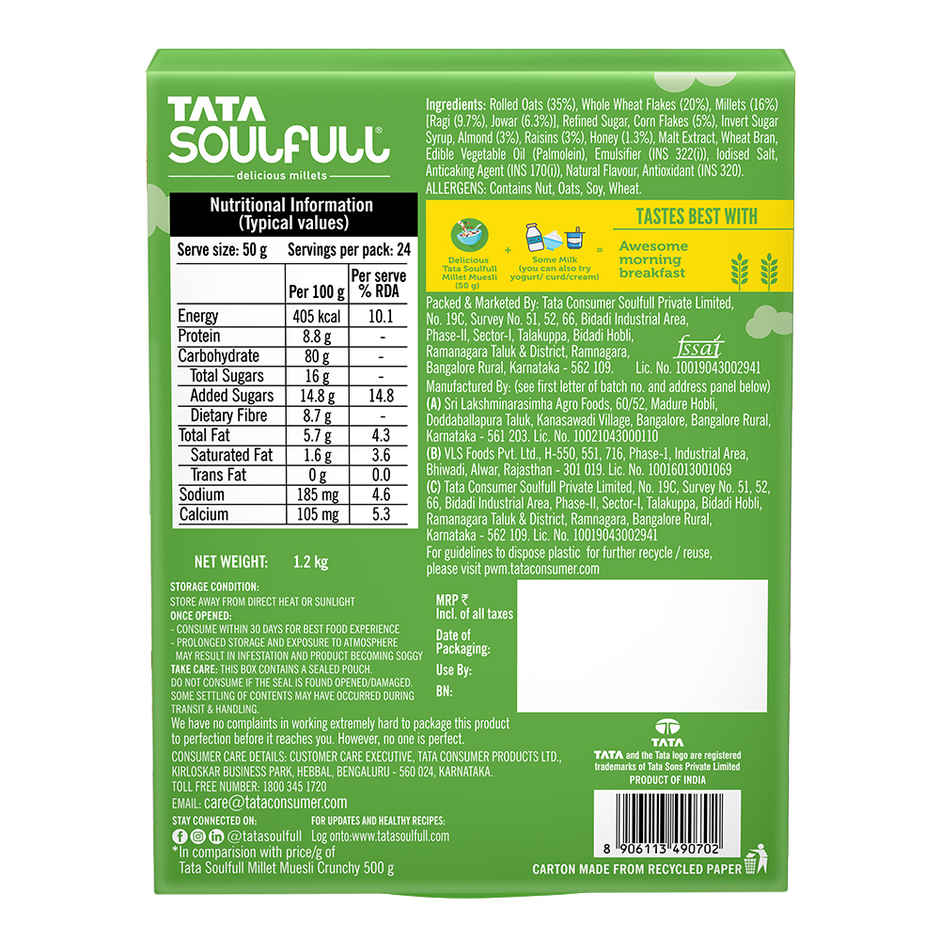 Tata Soulfull Millet Muesli, Crunchy, with Almonds & Raisins, Breakfast Cereal