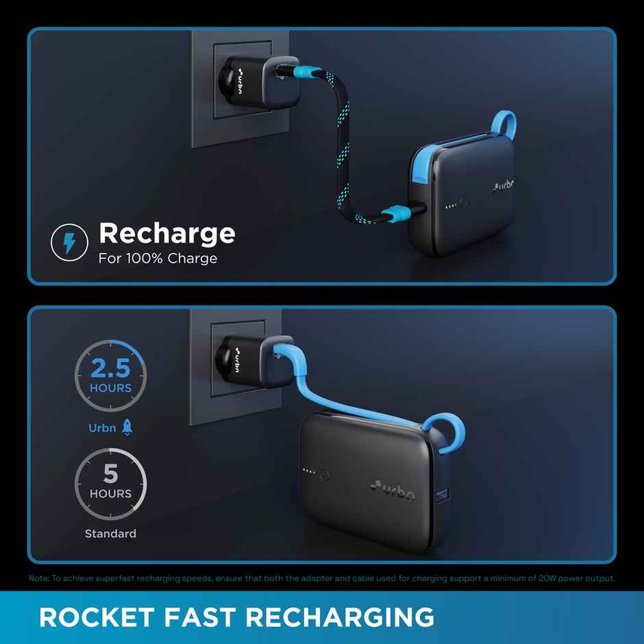 URBN 10000 mAh Nano Link Wired Power Bank with in-Built USB-C Cable| 22.5W Fast Charging | Type C PD (Input& Output) | Made in India | Two Way Fast Charge | for iPhone, Android & More - Black