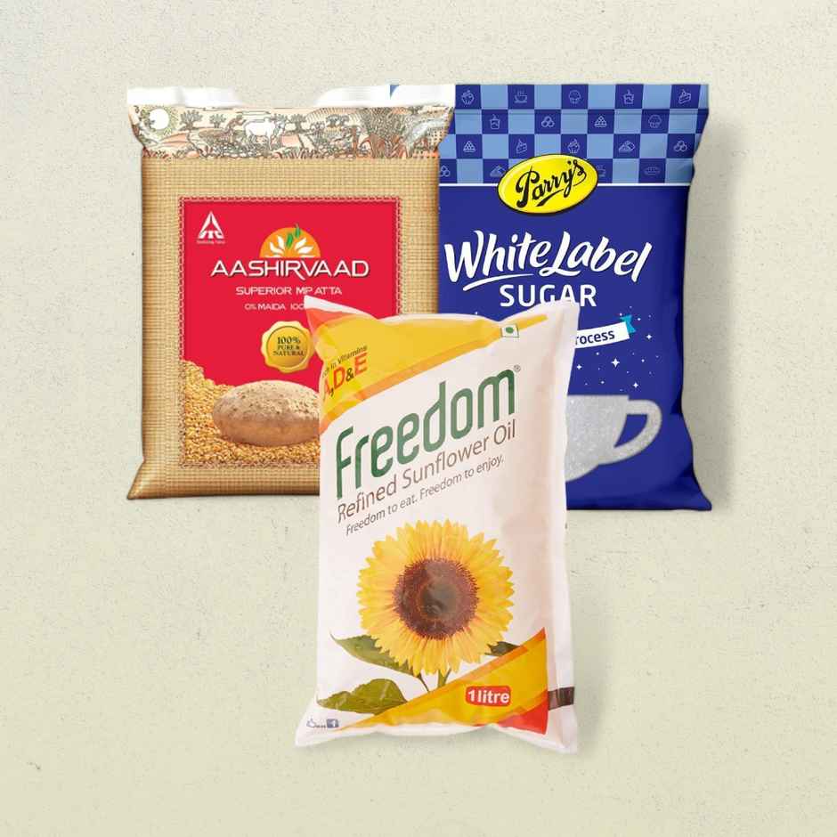 Aashirvaad Mp Atta(5kg), Freedom Sunflower Oil (1l), Parrys White lable sugar Combo