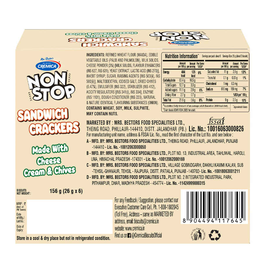 Cremica Non Stop Cheese Cream & Chives Sandwich Cracker